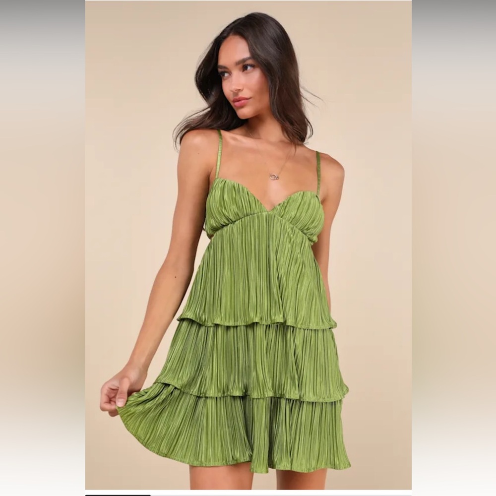 Lulus Sleek Dedication Green Satin Plisse Cutout Tiered Mini Dress